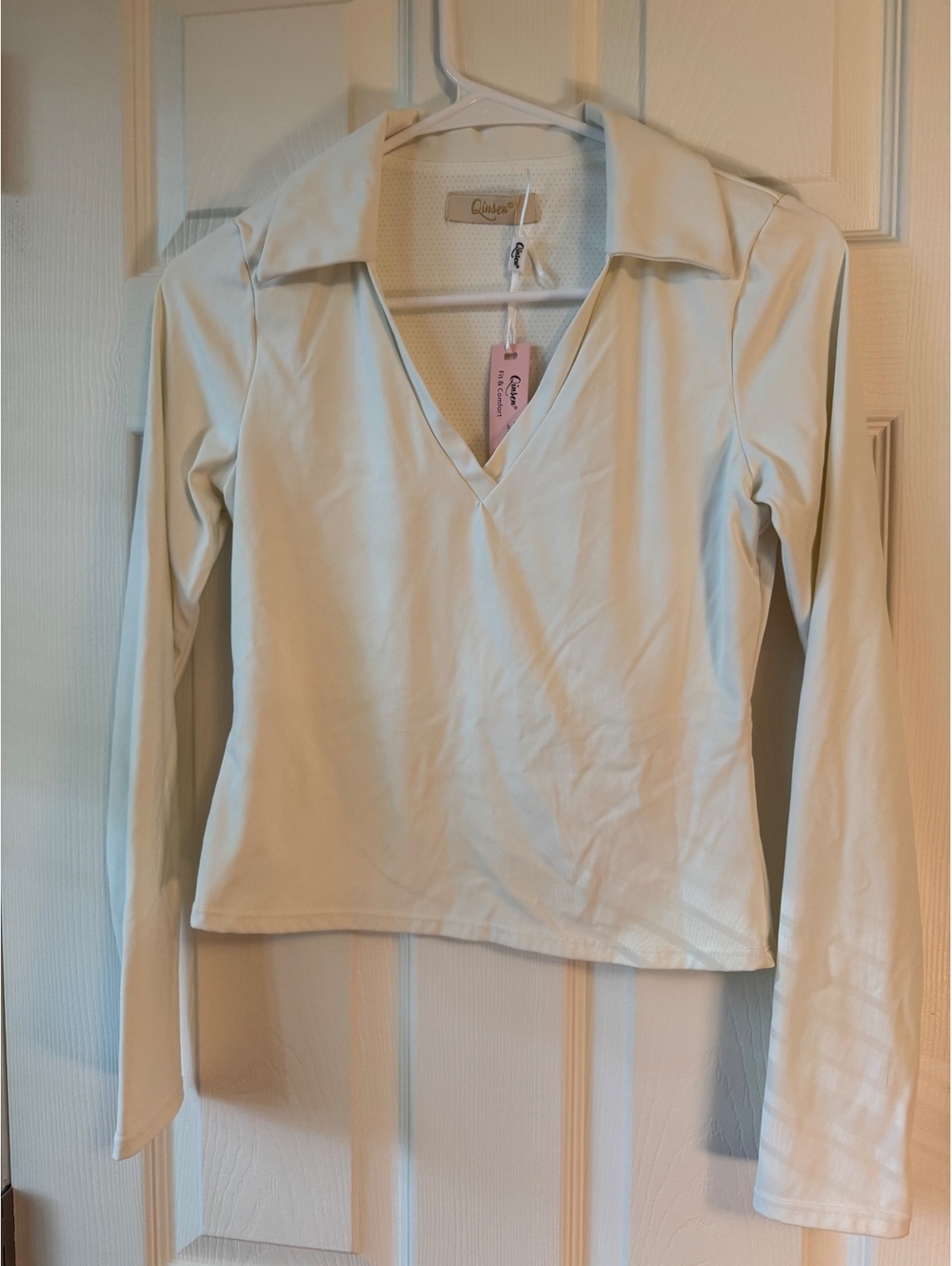 Qinsen Women's Long Sleeve V-Neck Polo Shirt Medium